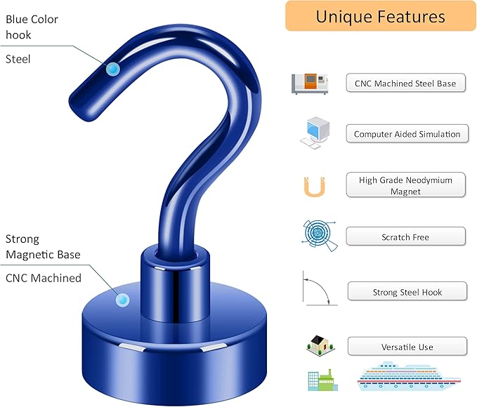 Neosmuk Magnetic Hooks, Heavy Duty 30lb+ Strong Magnet Hook for Cruise Cabins, Cruise Ship Essentials for Hanging, Metal Wall Refrigerator Hangers (Navyblue, 10 Pack)