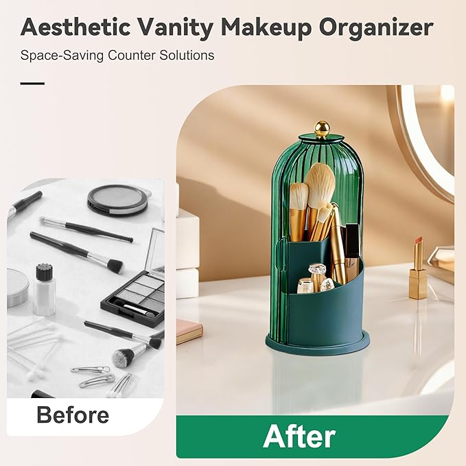 360° Rotating Makeup Brush Holder with Lid, Waterproof Three-Compartment Makeup Organizer, 180° Side-Pull Door Desk Organizer, Dustproof Brush Holder for Vanity and Bathroom (Green)
