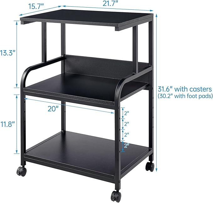 Printer Stand, 3 Tier Printer Table with Height Adjustable Storage Shelf, Rolling Printer Cart with Wheels for Home Office Organization, Black