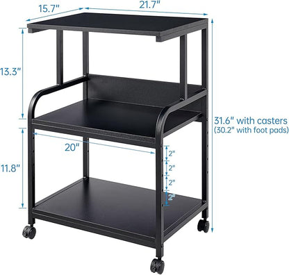 Printer Stand, 3 Tier Printer Table with Height Adjustable Storage Shelf, Rolling Printer Cart with Wheels for Home Office Organization, Black