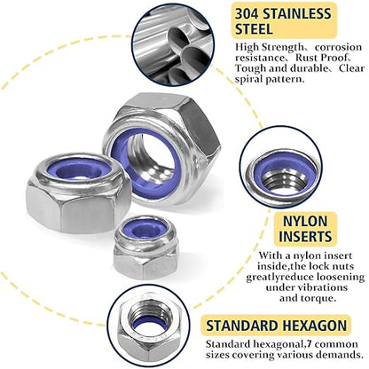 Locknuts Assortment Kit,M3 M4 M5 M6 M8 M10 M12 140PCS Metric Nylon Insert Lock Nuts Set,304 Stainless Steel Lock Nuts for Bolt