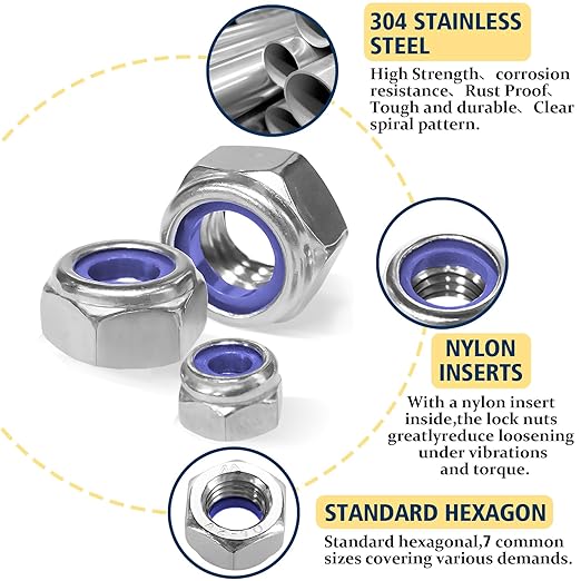 Locknuts Assortment Kit,M3 M4 M5 M6 M8 M10 M12 140PCS Metric Nylon Insert Lock Nuts Set,304 Stainless Steel Lock Nuts for Bolt