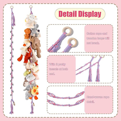 80" Cotton Hanging Storage Chain For Stuffed Animals Storage with 20 Metal Clips, Stuffed Animal Organizer Chain for Wall Corner Nursery Play Room, Rainbow
