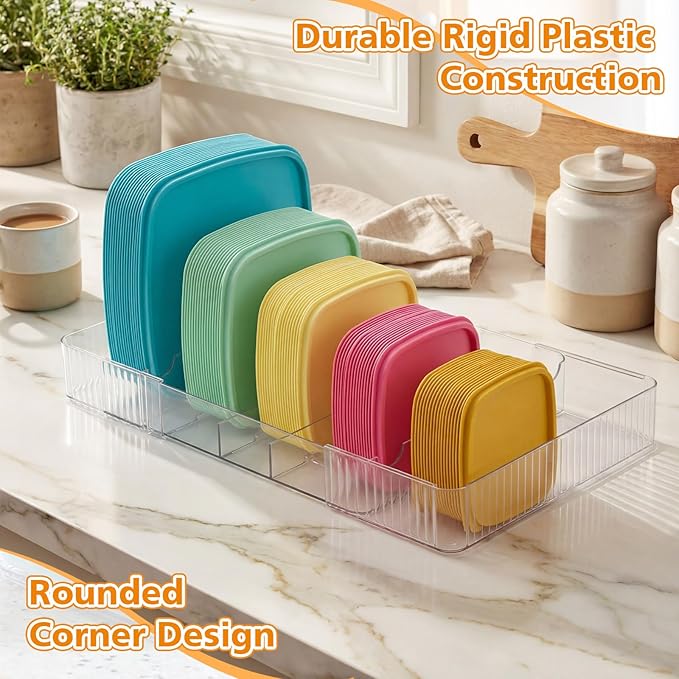 Junkin Expandable Lid Organizer for Cabinet – Clear Adjustable Food Container Lid Holder (10.6–18”) Plastic Storage Rack for Pantry Drawer & Kitchen Organization