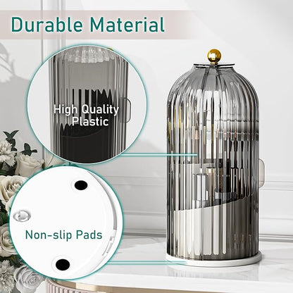 GAXmi Makeup Brush Holder with Lid Cosmetic Tools Organizer 360 Rotating Waterproof Dustproof Makeup Brushes Storage for Vanity, Grey
