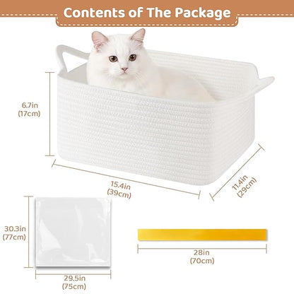 Empty Gift Baskets for Baby Shower, 15.4"L x 11.4"W x 6.7"H Cute Woven Storage Basket with Gift Bags and Ribbons, Small Rope Toy Basket with Handles, Cat Dog Pet Toy Organizer - Small White