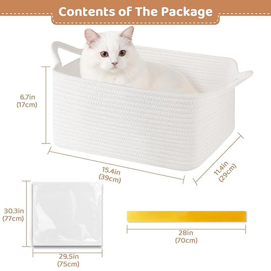 Empty Gift Baskets for Baby Shower, 15.4"L x 11.4"W x 6.7"H Cute Woven Storage Basket with Gift Bags and Ribbons, Small Rope Toy Basket with Handles, Cat Dog Pet Toy Organizer - Small White
