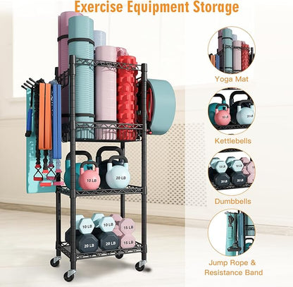 FUTASSI Home Gym Storage, 3 Tiers Workout Equipment Organizer with Wheels for Yoga Mats, Foam Roller, Dumbbells, Kettlebells, and Resistance Bands
