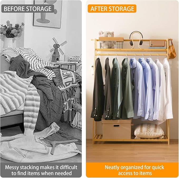Bamboo Clothing Garment Rack 2 Tier Storage Shelf Coat Clothes Hanging Rack, Portable Wardrobe Closet Organizer With Top Shelf, Shoe Storage Shelves for Bedroom (Natural - 39.37 in)