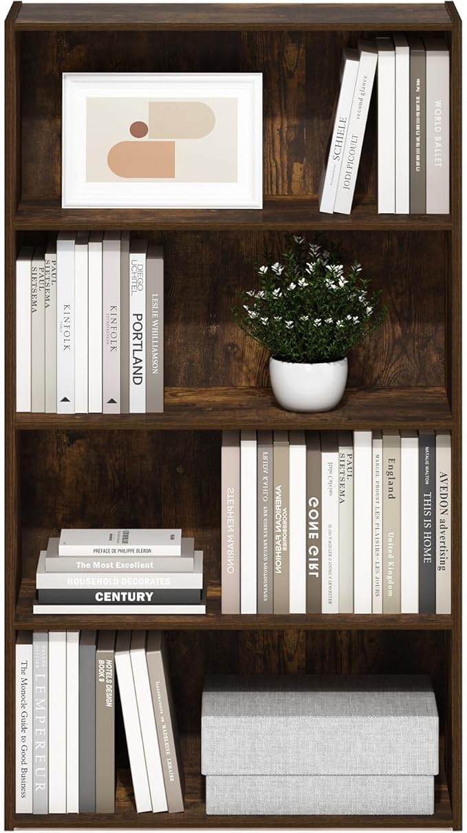 Furinno PASIR Book Shelf, 4-Tier Bookshelf, Bookcase with Open Shelf, 9.4 x 23.6 x 41.7, for Living Room, Bedroom, Home Office, Amber Pine