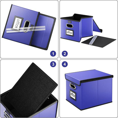 Huolewa Decorative Leather File Organizer Storage Boxes with Lids Set of 4, Document Boxes Organizer, Filing Boxes, Decorative Small File Boxes for Hanging Files, File Cabinet for Office/Home - 4 Pack