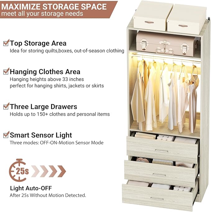 2FT Closet System with 3CCT Sensor Light, 24" Closet Organizer with 3 Wooden Drawers, Closet Systems with Hanging Rod & Top Storage, Small Closets Wardrobe for Walk-in Closets, White Oak