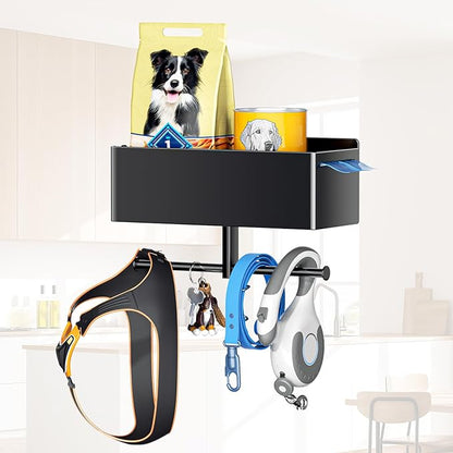 Dog Leash Holder for Wall, Dog Leash Hooks, Wall Mounted Leashes Hangers, Dog Storage Organizer, Key Holder with Storage Shelf, Pet Stuff Organizer for Pet Toys, Collar, Treats, Poop Bag (Black)