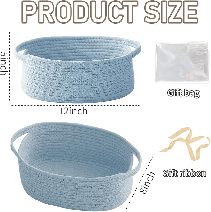 Woven Basket,Small Rope Storage Bin with Handles & Ribbon Bag, Organizer for Shelves Closets,Gift Basket Empty for Birthday,Books,Dog Toys, Blue