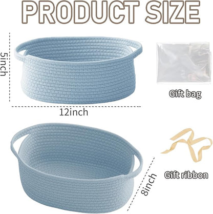 Woven Basket,Small Rope Storage Bin with Handles & Ribbon Bag, Organizer for Shelves Closets,Gift Basket Empty for Birthday,Books,Dog Toys, Blue/2 Pack
