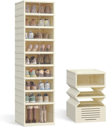 SONGMICS Foldble Shoe Storage Organizer for Closet, Stackable Sneaker Cabinet with Magnetic Door, Large Plastic Container Bins for Living Room, Entryway, 9-Tier for 18 Pairs, Cream White ULSP918WD01