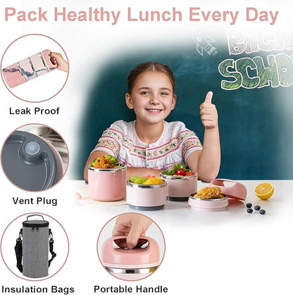 Lille Home 3-Layer Stainless Steel Lunch Box 1.43L- Leakproof, BPA-Free Insulated Bento Box for On-the-Go Meal Prep, Stackable Food Container for Women & Men