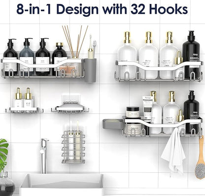 Shower Caddy Adhesive Shower Organizer 8-Pack, Rustproof Stainless Steel Bathroom Shelves, Large Capacity No-Drill Rack Storage Accessories with Soap Dish Toothbrush Holder Hooks