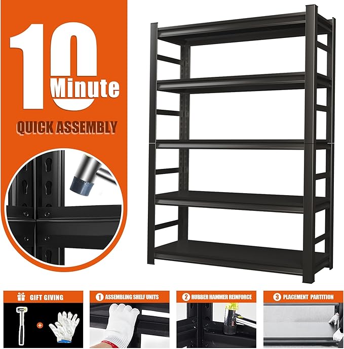 Heavy Duty Storage Shelves, 5-Tier Metal Shelving Unit, Adjustable Steel Shelves, Industrial Metal Shelving, for Warehouse Workshop, Garage, Basement Storage, Black（72" Hx35.4 Wx15.7 D）