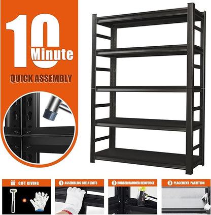 Heavy Duty Storage Shelves, 5-Tier Metal Shelving Unit, Adjustable Steel Shelves, Industrial Metal Shelving, for Warehouse Workshop, Garage, Basement Storage, Black（72" Hx35.4 Wx15.7 D）
