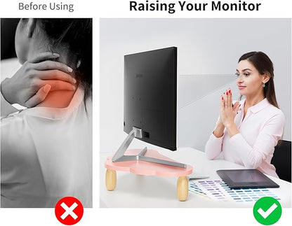 Monitor Stand Riser,Cloud-Shaped Sturdy Wood 16.5In Computer Monitor Riser Wirh Drawer, Multi-Purpose Desktop Organizer Riser for Computer,Laptop,Printer,TV,Pink