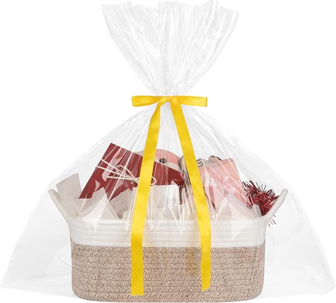 Basket for Gifts Empty, Woven Storage Basket with Gift Bag, Ribbon and Wrap Tissue Paper, Small Rope Toy Storage with Handles for Baby Shower, Dog Toy Organizer, 13.6" x 10" x 5.9”