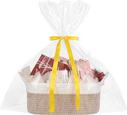 Basket for Gifts Empty, Woven Storage Basket with Gift Bag, Ribbon and Wrap Tissue Paper, Small Rope Toy Storage with Handles for Baby Shower, Dog Toy Organizer, 13.6" x 10" x 5.9”