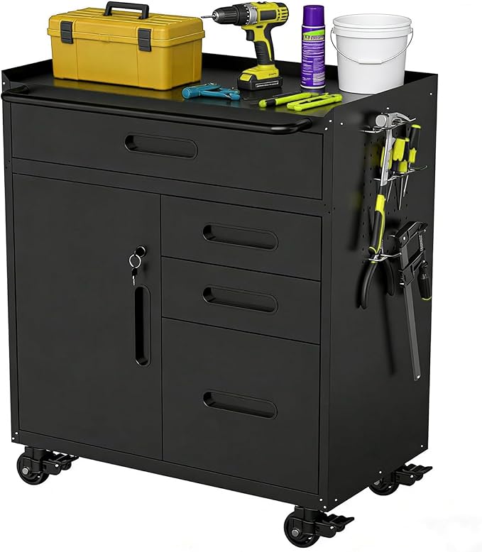 Metal Garage Storage Cabinet on Wheels, Lockable Rolling Tool Cabinet with Doors and 4 Drawers, Heavy Duty Mobile Steel Cabinet for Garage Warehouse Workshop