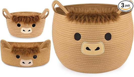 3Pack Highland Cute Cow Storage Baskets Set for Nursery- Small, Oval, Large Woven Gift Basket, Rope Cotton Bins with Handles, Baby Laundry 0rganizer Shower Towel Blanket Clothes (9/12/15In)