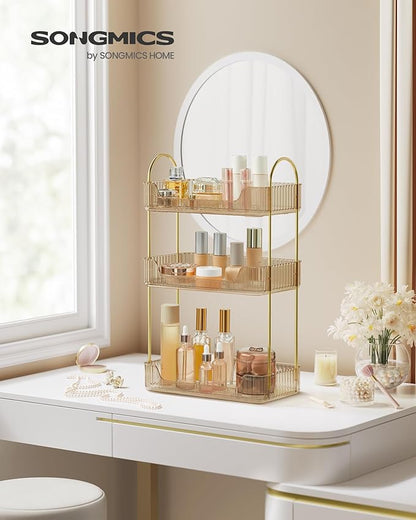 SONGMICS Makeup Organizer, 3-Tier Skincare Organizer Countertop, Customizable, 2 Types of Accessories, Jewelry Holder, for Vanity, Bedroom, Bathroom, Champagne Gold UJKA013A01