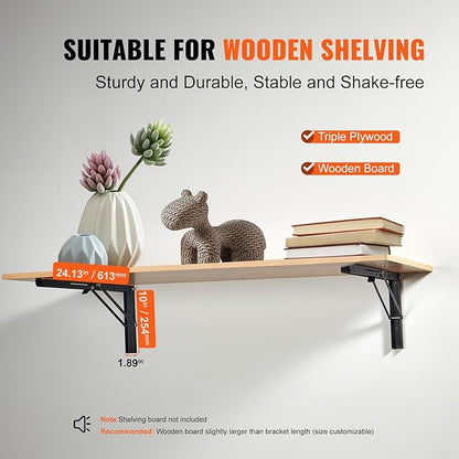 VEVOR Folding Shelf Brackets, 24" Heavy Duty Shelf Brackets, Brackets for Shelves, 5mm Thick L Shelf Bracket, Steel Shelving Brackets with 300 lbs Load Capacity, Matte Black 2 Pcs