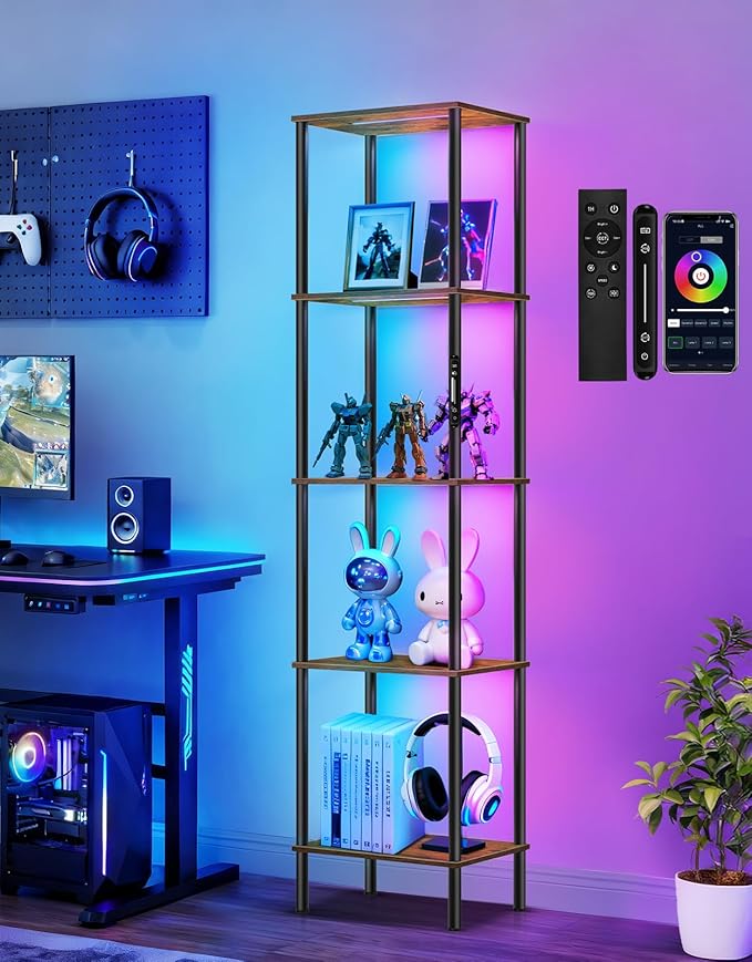5 Tier Display Shelves with RGB Lights, Display Cabinet with Touch & APP & Remote Control, Dimmable Bookshelf with Music Sync, Adjustable Color Lighting for Living Room, Bedroom