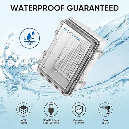 TICONN Outdoor Electrical Box Waterproof, Junction Box IP67 ABS Plastic Enclosure with Hinged Cover with Mounting Plate, Wall Brackets, Cable Glands (Clear, 5.9"x3.9"x2.8")