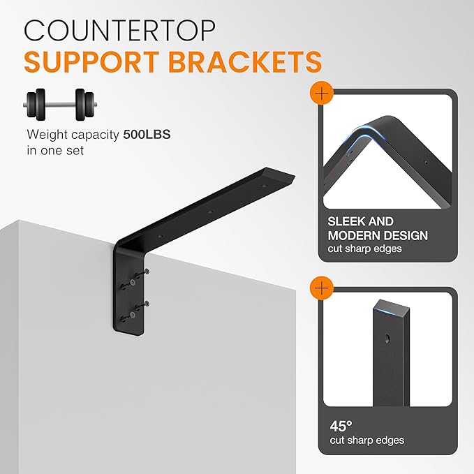 BATODA 16” Countertop Support Steel Brackets (2 pcs) for Large Granite - Heavy Duty L Floating Shelf Bracket - Black Metal Wall Mounted Support for Wood Shelving – Mounting Hardware Included