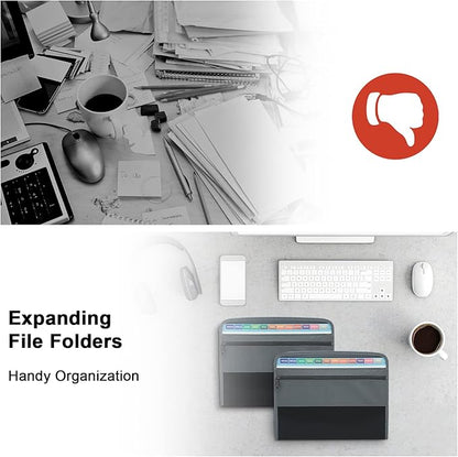 NAFY Expanding File Folders, 13 Pockets Document Organizer with Zipper, A4 Letter Size Portable Accordion Expanding File Folders with Multicolor Labels for Home Office School Supplies (Black 2 Pack)