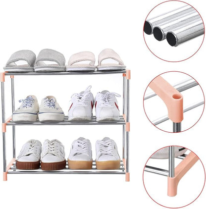 Stackable Small Shoe Rack, Entryway, Hallway and Closet Space Saving Storage and Organization (3-Tier, Pink)