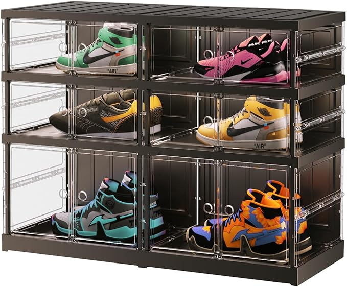 3 Tiers 6-12 Pairs Foldable Shoe Rack for Closet Plastic Stackable Shoe Boxes for Garage Collapsible Shoes Shelf with Doors Storage Organizer Cabinet Quick Assembly,Black
