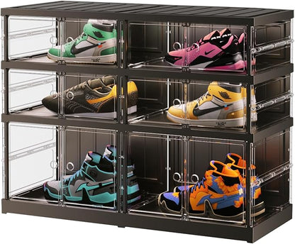 3 Tiers 6-12 Pairs Foldable Shoe Rack for Closet Plastic Stackable Shoe Boxes for Garage Collapsible Shoes Shelf with Doors Storage Organizer Cabinet Quick Assembly,Black