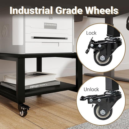 Natwind 2 Tiers Office Movable Laser Printer Copier Stand Cart Under Desk Heavy Duty Dark Brown Rolling Table with Storage Floor-Standing Holder on Wheels Fax Paper Organizer Shelf for Home (Black)