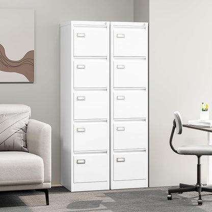 5-Drawer File Cabinet, 16.3" Deep Vertical Metal Filing Cabinet with Lock for Home Office, Anti-Tip 5 Storage Drawers for Letter/Legal/A4/F4 Size (Assemble Required, White)