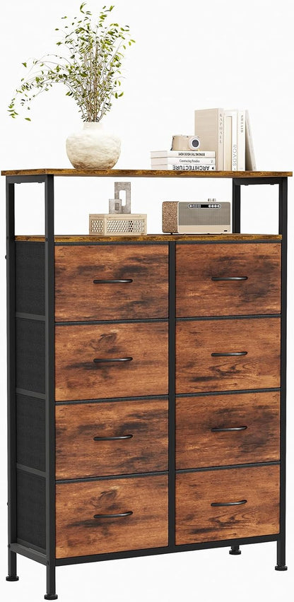 DUMOS TV Stands for Living Room with 8 Drawers, Tall 8-Drawer Chest of Drawers with Raised Shelf, Storage Tower with Fabric Bins for Organization, Hallway Storage, Black