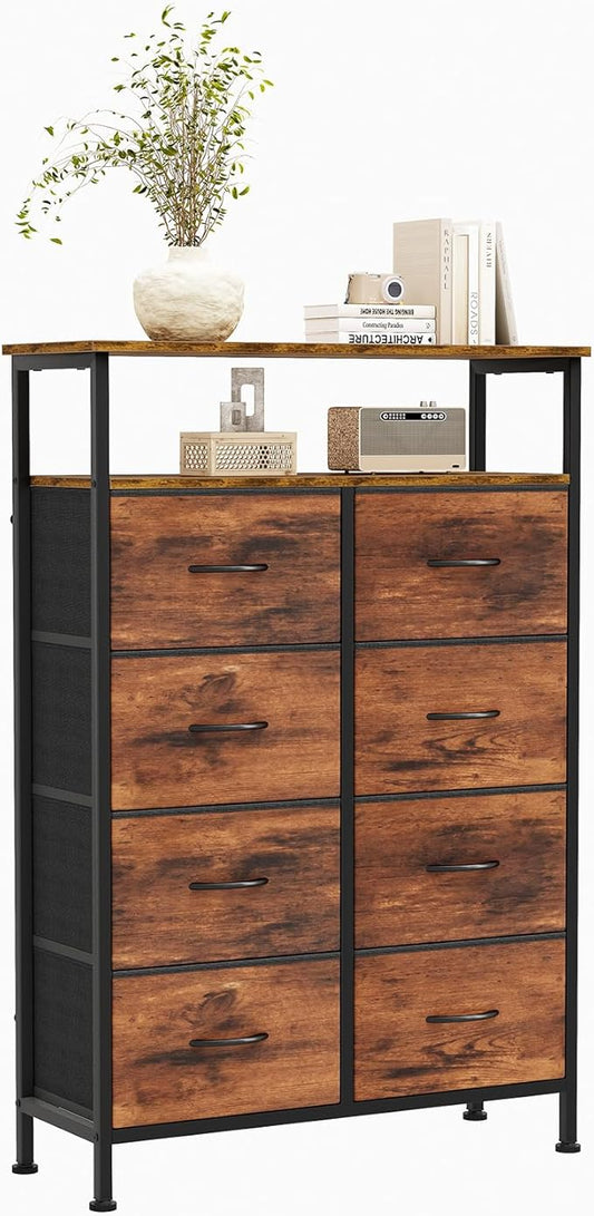 DUMOS TV Stands for Living Room with 8 Drawers, Tall 8-Drawer Chest of Drawers with Raised Shelf, Storage Tower with Fabric Bins for Organization, Hallway Storage, Black