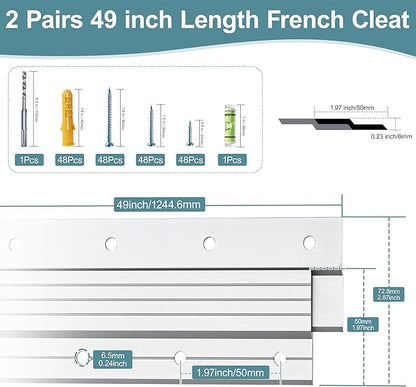 2 Pairs 49 inch French Cleats , Load 500Lbs Heavy Duty Mirror Mounting Hardware, Z-Clips Interlocking Wall Mount Bracket Hardware Kit for Mirror, Picture, Canva, Wall Cabinet, Headboard, Art, Frame