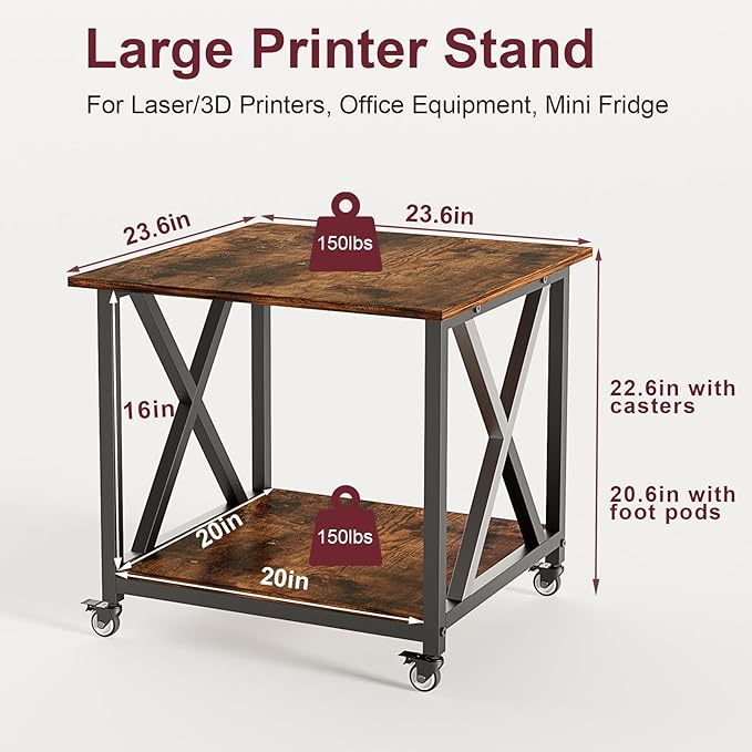 2-Tier Large Printer Stand with Storage Shelf, 23.6 x 23.6 Inches Printer Table, 2-Tier Rolling Cart with Industrial Wheels for Home Office (Rustic Brown)