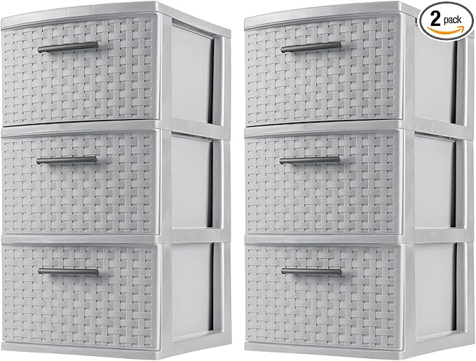Sterilite 2 Pack 3 Drawer Storage Tower, Plastic Weave Medium Organizer, Cement - Lightweight Opaque Container for Bedrooms, Closets, or Bathrooms