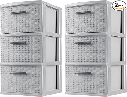 Sterilite 2 Pack 3 Drawer Storage Tower, Plastic Weave Medium Organizer, Cement - Lightweight Opaque Container for Bedrooms, Closets, or Bathrooms