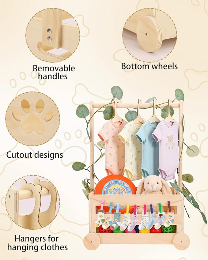 Wooden Dog Closet Pet Wardrobe Organizer, 20 x 13 x 9 Inch Pet Clothes Storage Crate with Hanging Rack, 10 Hangers, Rope & Clips for Dog Puppy Cat Toys Clothes Accessories