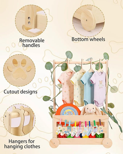 Wooden Dog Closet Pet Wardrobe Organizer, 20 x 13 x 9 Inch Pet Clothes Storage Crate with Hanging Rack, 10 Hangers, Rope & Clips for Dog Puppy Cat Toys Clothes Accessories