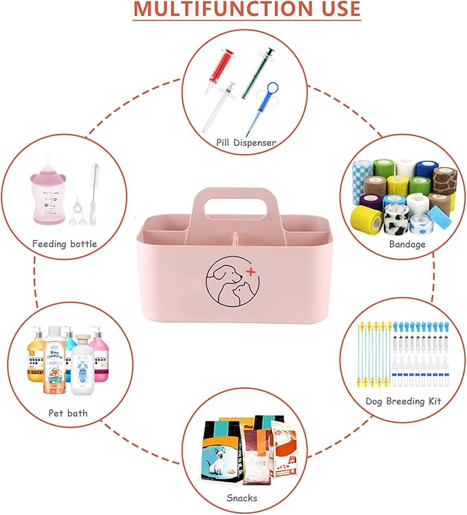 Dog Storage Organizer for Nursing Supplies,Portable Caddy for Pet Stuff,Divided Storage Bin for Dog Cat Feeding Bottle/Pet Pill Shooter/Whelping Kit-Bathroom,Countertop Storage-Pink