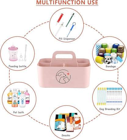 Dog Storage Organizer for Nursing Supplies,Portable Caddy for Pet Stuff,Divided Storage Bin for Dog Cat Feeding Bottle/Pet Pill Shooter/Whelping Kit-Bathroom,Countertop Storage-Pink